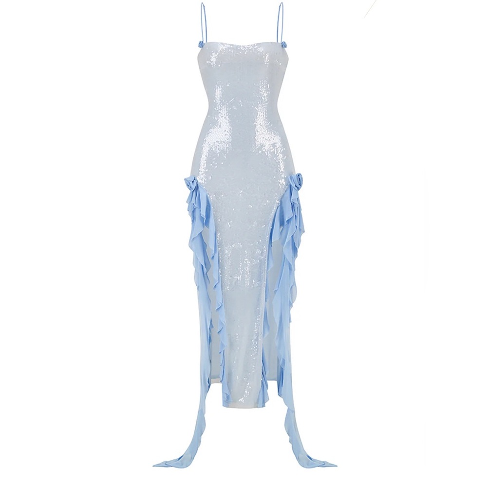 Blue Sequin Embellished Ruffle Dress. Unique with a costume made lining.